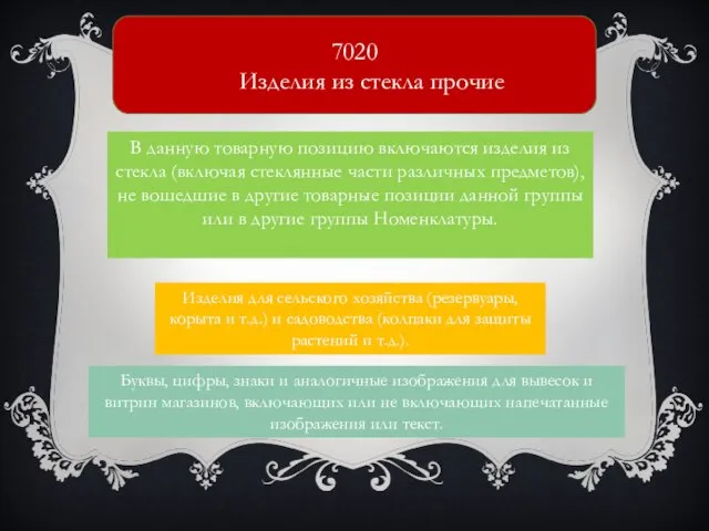 7020 Изделия из стекла прочие В данную товарную позицию включаются изделия