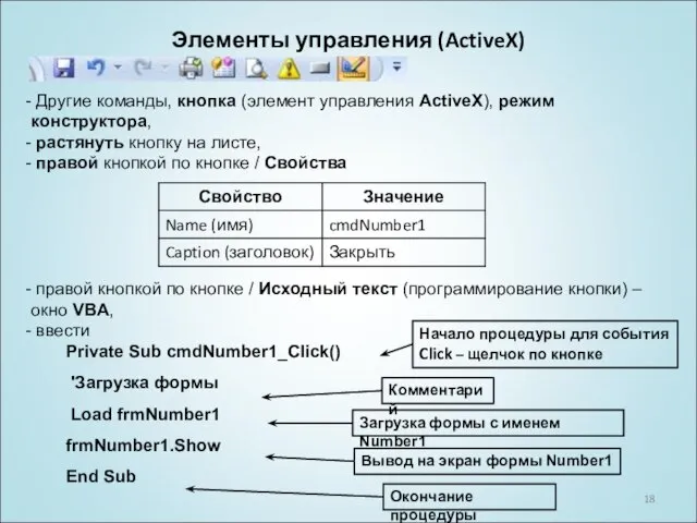 Элементы управления (ActiveX) Другие команды, кнопка (элемент управления ActiveX), режим конструктора,