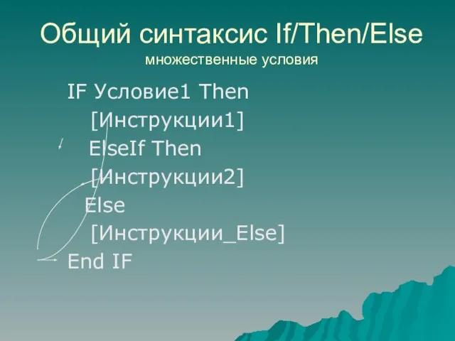 Общий синтаксис If/Then/Else множественные условия IF Условие1 Then [Инструкции1] ElseIf Then [Инструкции2] Else [Инструкции_Else] End IF