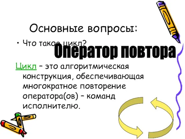 Основные вопросы: Что такое цикл? Цикл – это алгоритмическая конструкция, обеспечивающая