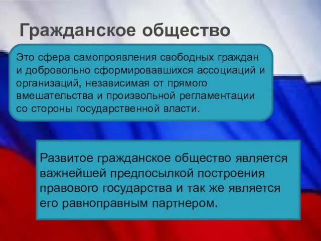 Гражданское общество Это сфера самопроявления свободных граждан и добровольно сформировавшихся ассоциаций