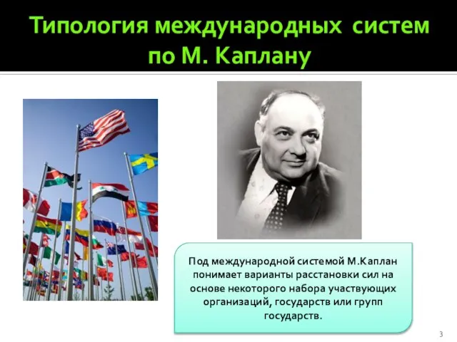 Типология международных систем по М. Каплану Под международной системой М.Каплан понимает