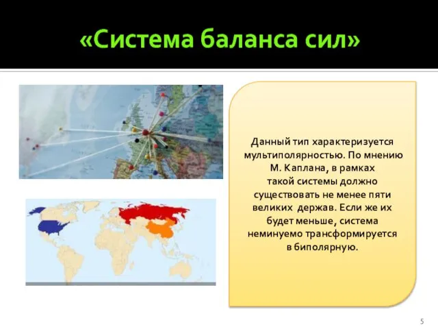 «Система баланса сил» Данный тип характеризуется мультиполярностью. По мнению М. Каплана,