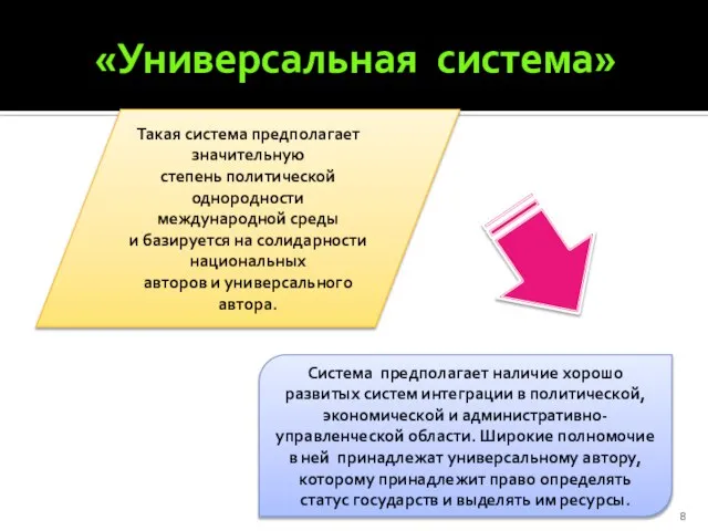 «Универсальная система» Такая система предполагает значительную степень политической однородности международной среды