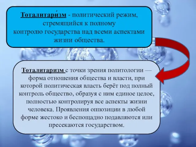 Тоталитари́зм - политический режим, стремящийся к полному контролю государства над всеми