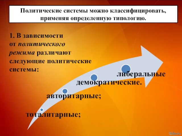 Политические системы можно классифицировать, применяя определенную типологию. 1. В зависимости от