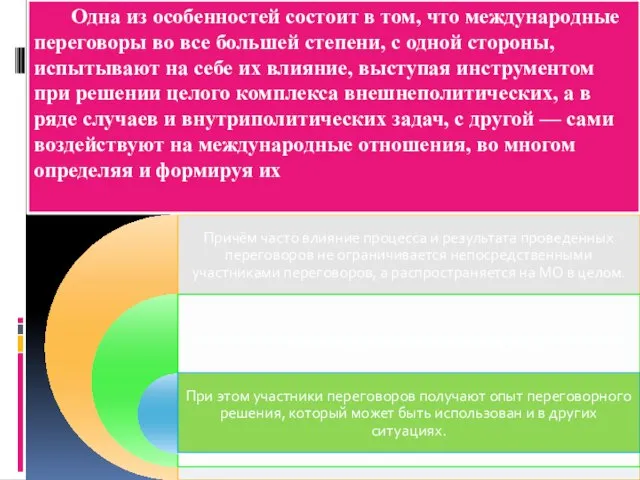 Одна из особенностей состоит в том, что международные переговоры во все