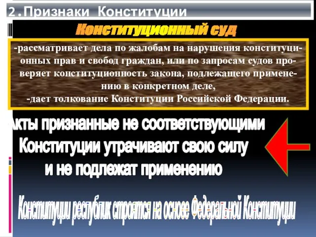 2.Признаки Конституции -рассматривает дела по жалобам на нарушения конституци- онных прав