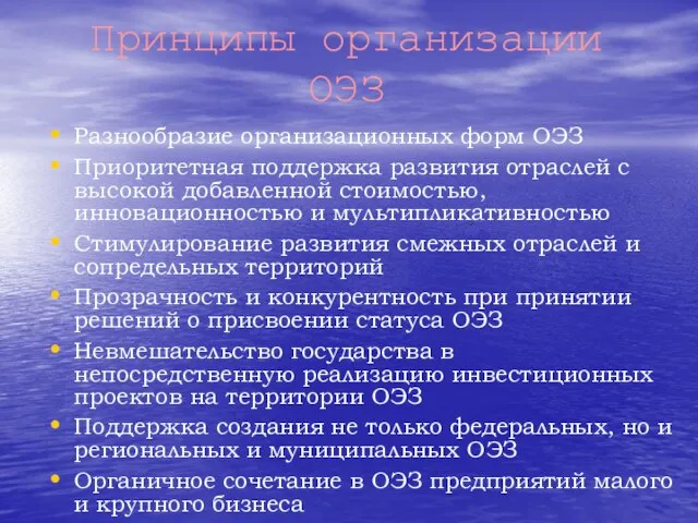 Принципы организации ОЭЗ Разнообразие организационных форм ОЭЗ Приоритетная поддержка развития отраслей