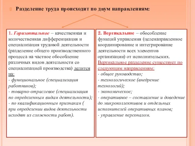 Разделение труда происходит по двум направлениям: 2. Вертикальное – обособление функций