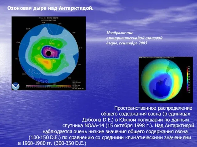 Озоновая дыра над Антарктидой. Пространственное распределение общего содержания озона (в единицах