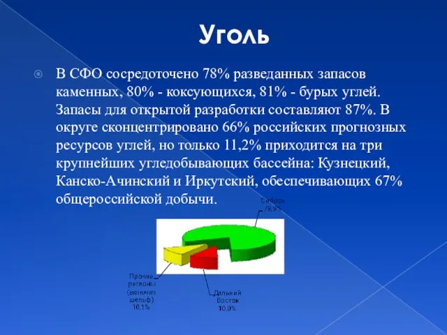 Уголь В СФО сосредоточено 78% разведанных запасов каменных, 80% - коксующихся,