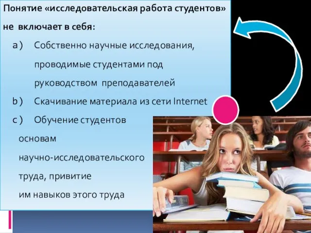 Понятие «исследовательская работа студентов» не включает в себя: Собственно научные исследования,