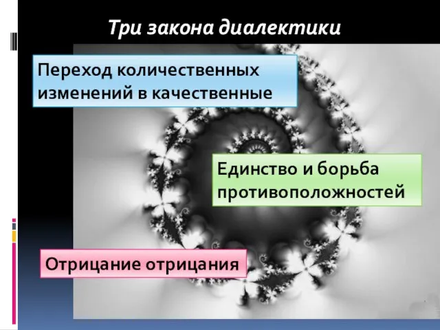 Три закона диалектики Переход количественных изменений в качественные Единство и борьба противоположностей Отрицание отрицания