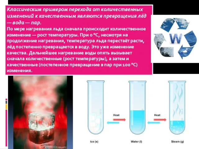 Классическим примером перехода от количественных изменений к качественным являются превращения лёд