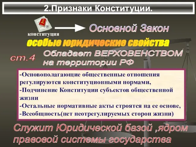 2.Признаки Конституции. особые юридические свойства ст.4 Обладает ВЕРХОВЕНСТВОМ на территории РФ