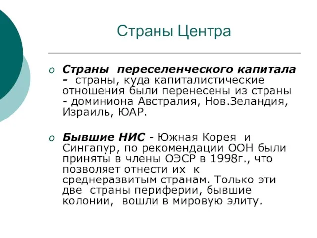 Страны Центра Страны переселенческого капитала - страны, куда капиталистические отношения были