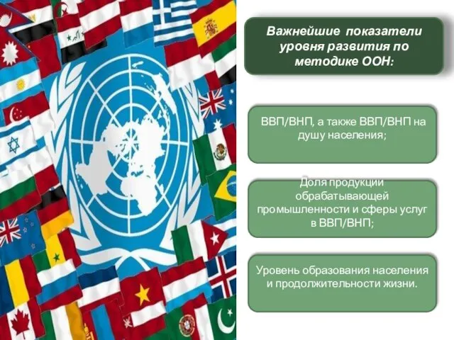 Важнейшие показатели уровня развития по методике ООН: ВВП/ВНП, а также ВВП/ВНП