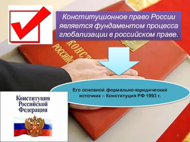 Конституционное право России является фундаментом процесса глобализации в российском праве. Его