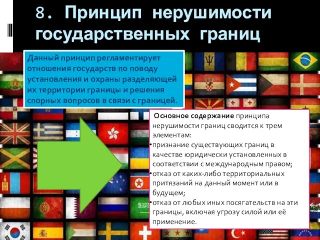 8. Принцип нерушимости государственных границ Данный принцип регламентирует отношения государств по