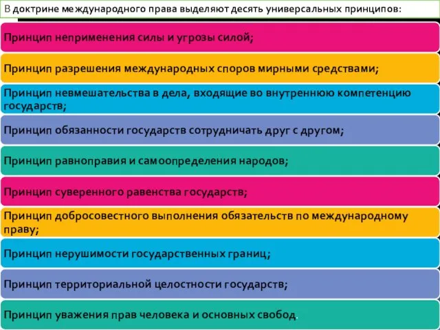 В доктрине международного права выделяют десять универсальных принципов: