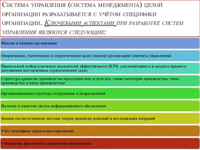 Система управления (система менеджмента) целой организации разрабатывается с учётом специфики организации.