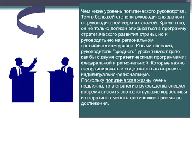 Чем ниже уровень политического руководства. Тем в большей степени руководитель зависит