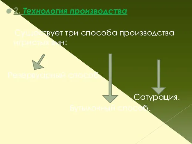 2. Технология производства Существует три способа производства игристых вин: Резервуарный способ. Сатурация. Бутылочный способ.