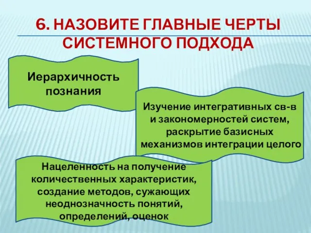 6. Назовите главные черты системного подхода Иерархичность познания Изучение интегративных св-в