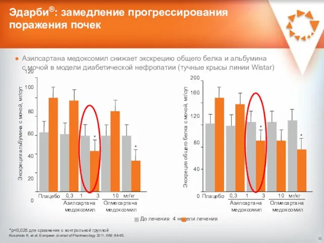 Эдарби®: замедление прогрессирования поражения почек Азилсартана медоксомил снижает экскрецию общего белка