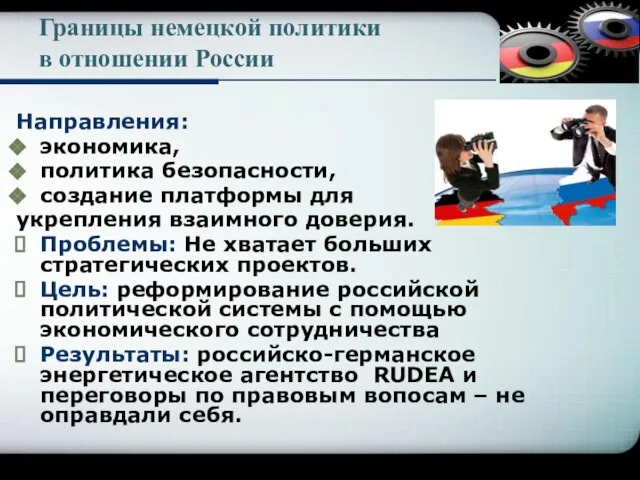 Границы немецкой политики в отношении России Направления: экономика, политика безопасности, создание