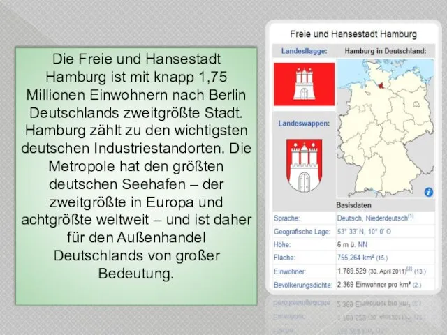 Die Freie und Hansestadt Hamburg ist mit knapp 1,75 Millionen Einwohnern