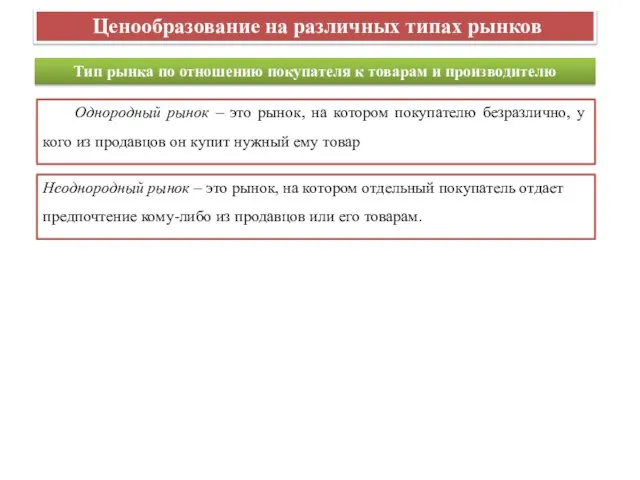 Ценообразование на различных типах рынков Тип рынка по отношению покупателя к