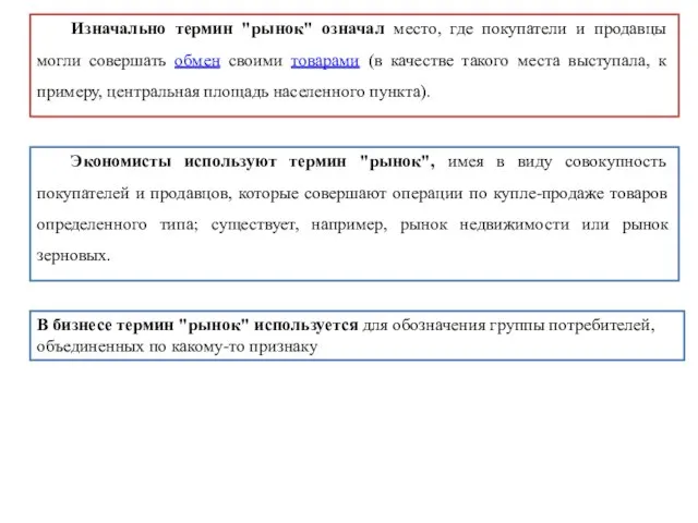 Изначально термин "рынок" означал место, где покупатели и продавцы могли совершать