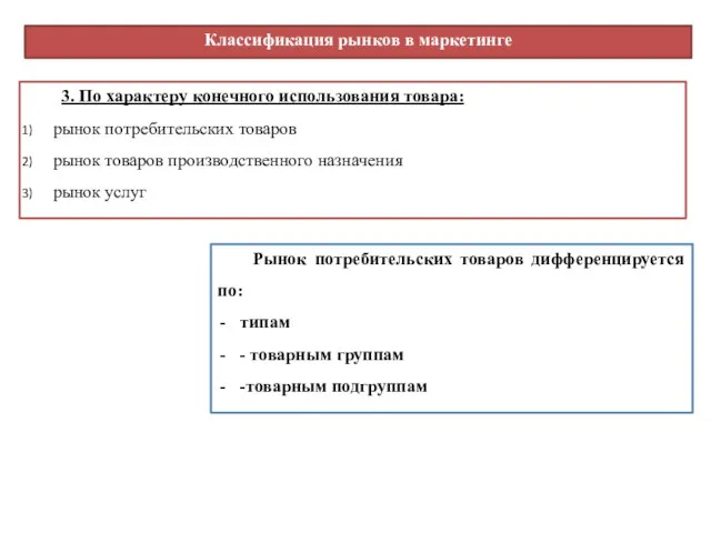 Классификация рынков в маркетинге 3. По характеру конечного использования товара: рынок