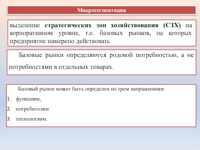 Макросегментация выделение стратегических зон хозяйствования (СЗХ) на корпоративном уровне, т.е. базовых