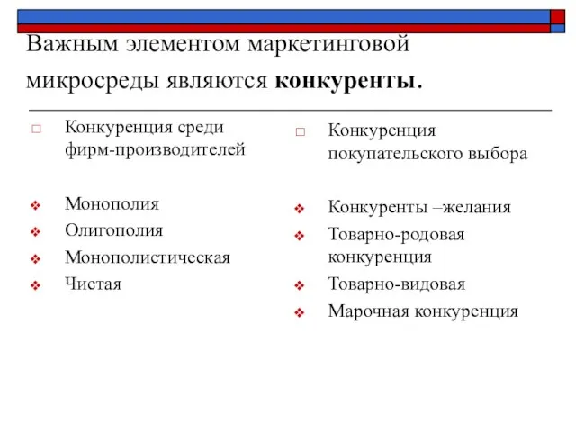 Важным элементом маркетинговой микросреды являются конкуренты. Конкуренция среди фирм-производителей Монополия Олигополия