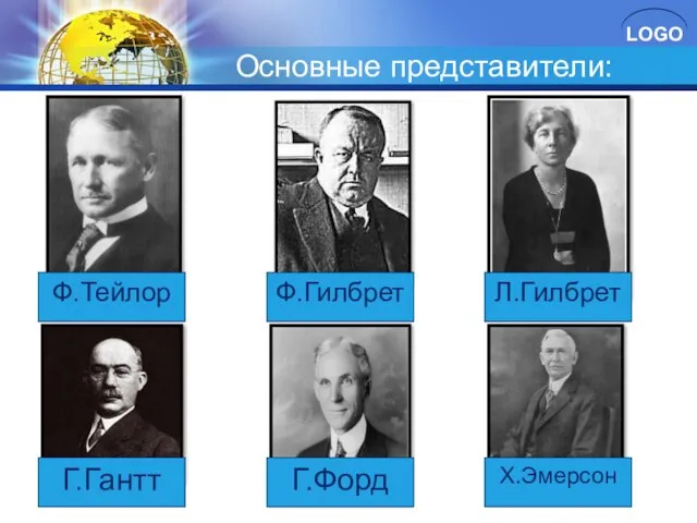 Основные представители: Ф.Тейлор Ф.Гилбрет Л.Гилбрет Г.Гантт Г.Форд Х.Эмерсон