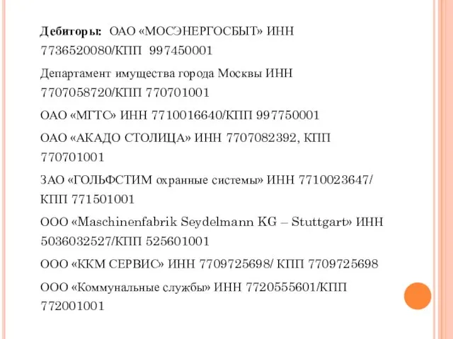 Дебиторы: ОАО «МОСЭНЕРГОСБЫТ» ИНН 7736520080/КПП 997450001 Департамент имущества города Москвы ИНН