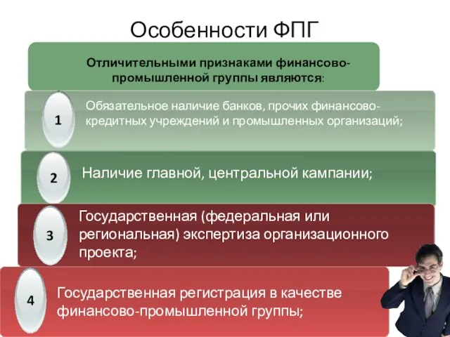 Особенности ФПГ Отличительными признаками финансово-промышленной группы являются: