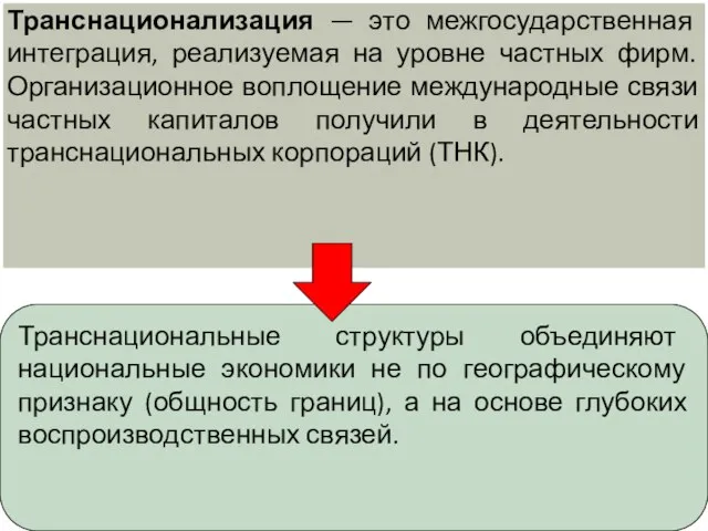 Транснационализация — это межгосударственная интеграция, реализуемая на уровне частных фирм. Организационное