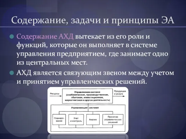 Содержание, задачи и принципы ЭА Содержание АХД вытекает из его роли