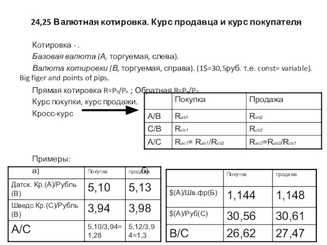 24,25 Валютная котировка. Курс продавца и курс покупателя Котировка - .