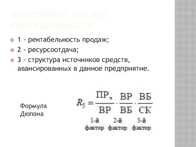 Факторный анализ рентабельности 1 - рентабельность продаж; 2 - ресурсоотдача; 3