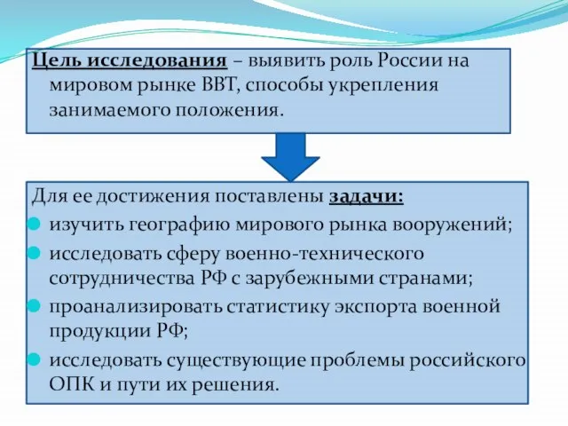 Цель исследования – выявить роль России на мировом рынке ВВТ, способы