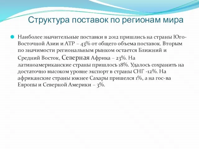 Структура поставок по регионам мира Наиболее значительные поставки в 2012 пришлись