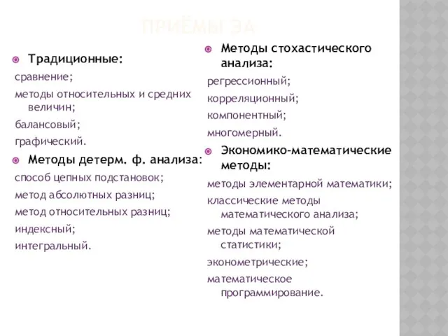 Приёмы ЭА Традиционные: сравнение; методы относительных и средних величин; балансовый; графический.