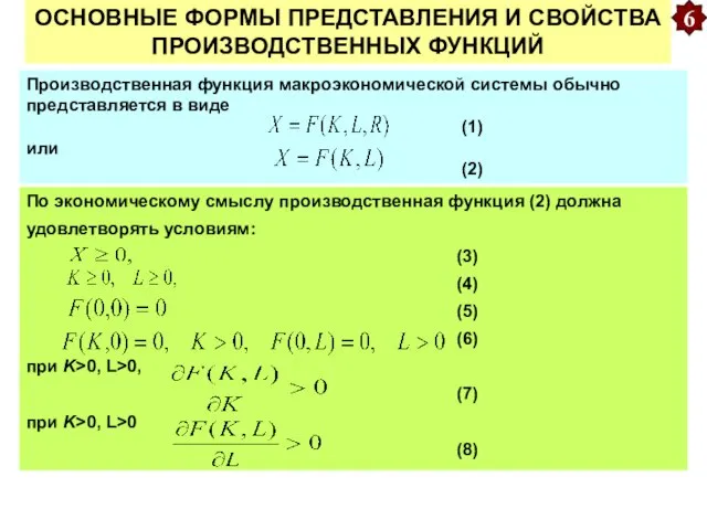 ОСНОВНЫЕ ФОРМЫ ПРЕДСТАВЛЕНИЯ И СВОЙСТВА ПРОИЗВОДСТВЕННЫХ ФУНКЦИЙ 6