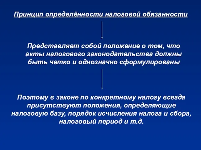 Принцип определённости налоговой обязанности Представляет собой положение о том, что акты