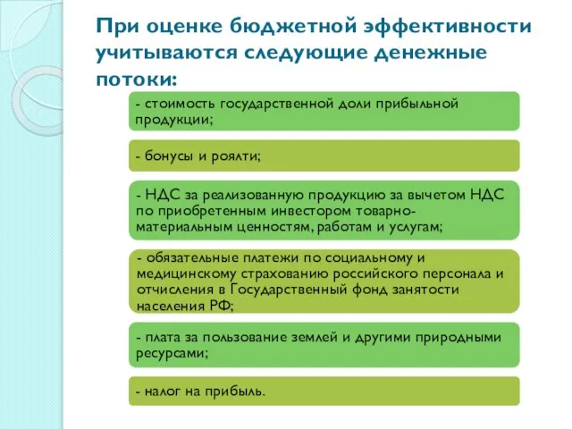 При оценке бюджетной эффективности учитываются следующие денежные потоки: